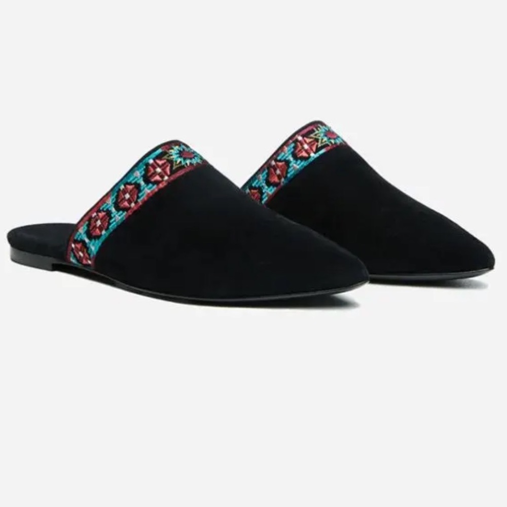 Johnny Was Black Suede Embroidered Mule Slip On Shoes 6 M